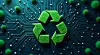 Green recycling symbol on a circuit board background. Perfect for illustrating environmental awareness, technology, and sustainability concepts.