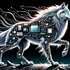 Illustration eines majestätischen kybernetischen Wolfs, in dessen Fell Schaltkreise und Leistungsmodule integriert sind, die die führende Rolle von Wolfspeed in der Siliziumkarbid- und GaN-Technologie repräsentieren. Der Wolf schreitet selbstbewusst durch ein mit fortschrittlichen LED-Lösungen beleuchtetes Gelände und unterstreicht damit den Beitrag von Wolfspeed zur effizienten Beleuchtung.