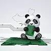 „Ein niedlicher Panda sitzt ruhig in einer minimalistischen technischen Umgebung und kaut auf einer grünen Leiterplatte statt auf Bambus. Die Leiterplatte ist an der Stelle, an der der Panda darauf gebissen hat, deutlich beschädigt. Dezent leuchtende Datenleitungen fließen von der Platine zu einem schwachen, stilisierten Umriss von China im Hintergrund. Das Farbschema ist klar und modern - Weiß, Schwarz, Grün und sanfte blaue Akzente. Die Gesamtkomposition ist einfach und konzentriert, mit viel negativem Raum, um eine visuelle Überladung zu vermeiden.