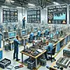 DALL·E 2024-09-12 14.23.44 - A wide illustration of challenges in manufacturing testing, featuring realistic human engineers working in a detailed factory setting. There are malfu