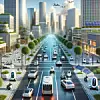 Futuristische Stadtlandschaft mit autonomen Fahrzeugen auf den Straßen, inklusive selbstfahrenden Autos, autonomen Bussen und Drohnen, die sich durch eine saubere, hochmoderne urbane Umgebung bewegen. Die Szene enthält grüne Flächen und moderne Gebäude, aber keine Solarpanels auf den Straßen, und betont eine nachhaltige und von KI unterstützte Zukunft.