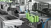 Automatic assembly line for lithium batteries. Robotic packaging with pneumatic grippers. 3d render