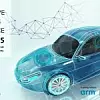 Visualisierung eines digitalen Sportwagens mit Netzstruktur, Hinweis auf die Automotive Computing Conference am 13. und 14. November 2025 in München