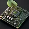 concept art of future sustainable nature chip cpu computer motherboard, green leafs plants technology, illustration design art style