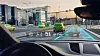 Futuristic Autonomous Self-Driving Car Moving Through City, Head-up Display Showing Infographics: Speed, Distance, Navigation. Road Scanning. Driver Seat POV / First Person View FPV