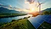 Scenic landscape eco-friendly energy tech. Wind turbines stand tall alongside solar panels near river. Green fields, hills surround area. Sunset paints sky in warm hues. Sustainable energy production