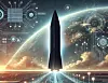 Eine futuristische Illustration einer Rakete mit einer klassischen, schlanken Form und nur einem Triebwerk. Umgeben von Elektronik