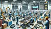 DALL·E 2024-09-12 14.23.44 - A wide illustration of challenges in manufacturing testing, featuring realistic human engineers working in a detailed factory setting. There are malfu