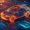 A glowing car battery icon floating in a digital environment, surrounded by data streams representing electric vehicle technology, online diagnostics, and energy analytics.
