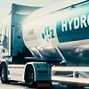 Hydrogen logistics concept. Truck with gas tank trailer on the road lined with solar power plants. 3d rendering