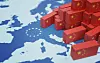Chinese cargo containers on map of Europe. Import of chenese goods concept. 3D rendered illustration.