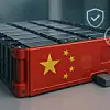 Eine hochwertige digitale Illustration einer Batterie für Elektrofahrzeuge, die auf einer sauberen Oberfläche oder in einer Laborumgebung ausgestellt ist. Die Batterie weist eindeutige visuelle Elemente auf, die sie als chinesisch identifizieren, z. B. einen dezenten Aufdruck der chinesischen Flagge, ein rotes Gehäuse mit gelben Sternmotiven oder ein Siegel/Aufkleber im chinesischen Designstil. Um die Batterie herum befinden sich weiche Icon-Overlays oder holografische Symbole, die für Sicherheit stehen: eine durchgestrichene Flamme, ein Schildsymbol und ein Thermometer. Die Stimmung ist seriös, präzise und regulierend und symbolisiert die neuen, strengen chinesischen Sicherheitsvorschriften zur Verhinderung von thermischem Durchgehen, Bränden oder Explosionen in EV-Batterien. Übersetzt mit DeepL.com (kostenlose Version)