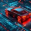 Automotive Tech Innovation: A futuristic car design seamlessly integrates with a high-tech circuit board, representing the future of automotive technology and design.