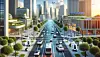 Futuristische Stadtlandschaft mit autonomen Fahrzeugen auf den Straßen, inklusive selbstfahrenden Autos, autonomen Bussen und Drohnen, die sich durch eine saubere, hochmoderne urbane Umgebung bewegen. Die Szene enthält grüne Flächen und moderne Gebäude, aber keine Solarpanels auf den Straßen, und betont eine nachhaltige und von KI unterstützte Zukunft.